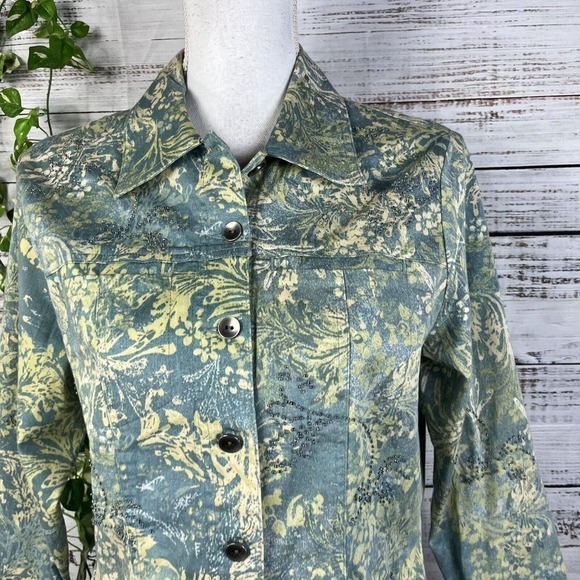 Susan Bristol Jacket size Small Gray Green Floral Beads Pockets Casual Trucker - Picture 4 of 16